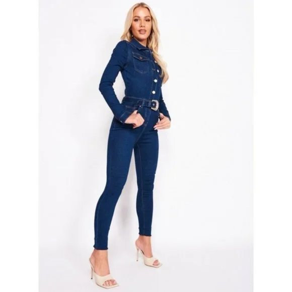 Blue Denim Jeans Long Sleeve Belted Bodycon Jumpsuit Playsuit - Picture 4 of 15
